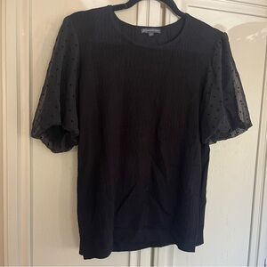 Adrianna Papell Black Textured Knit Top with Sheer Polka Dot sleeves